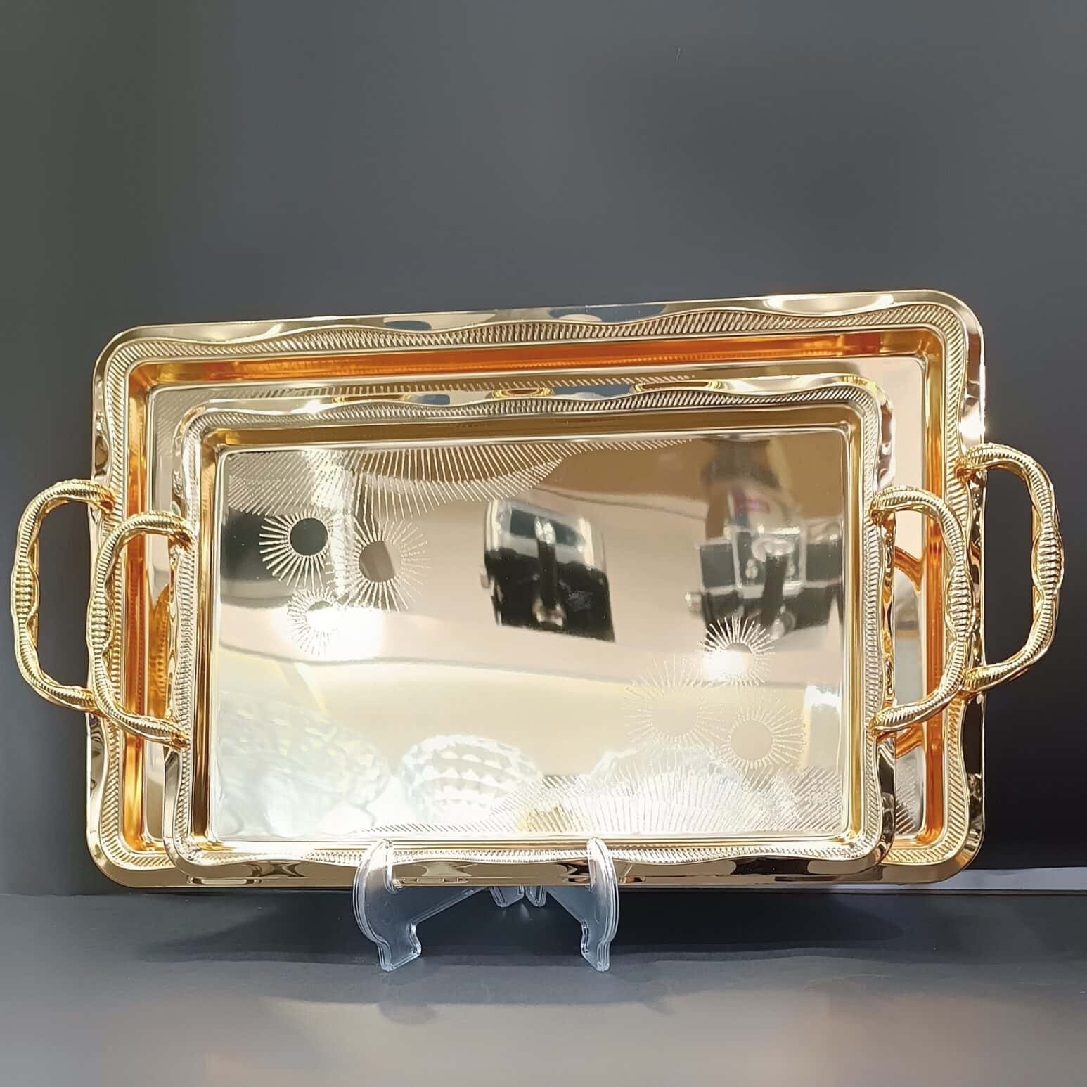 سینی استیل جفتی طلایی طرح رز