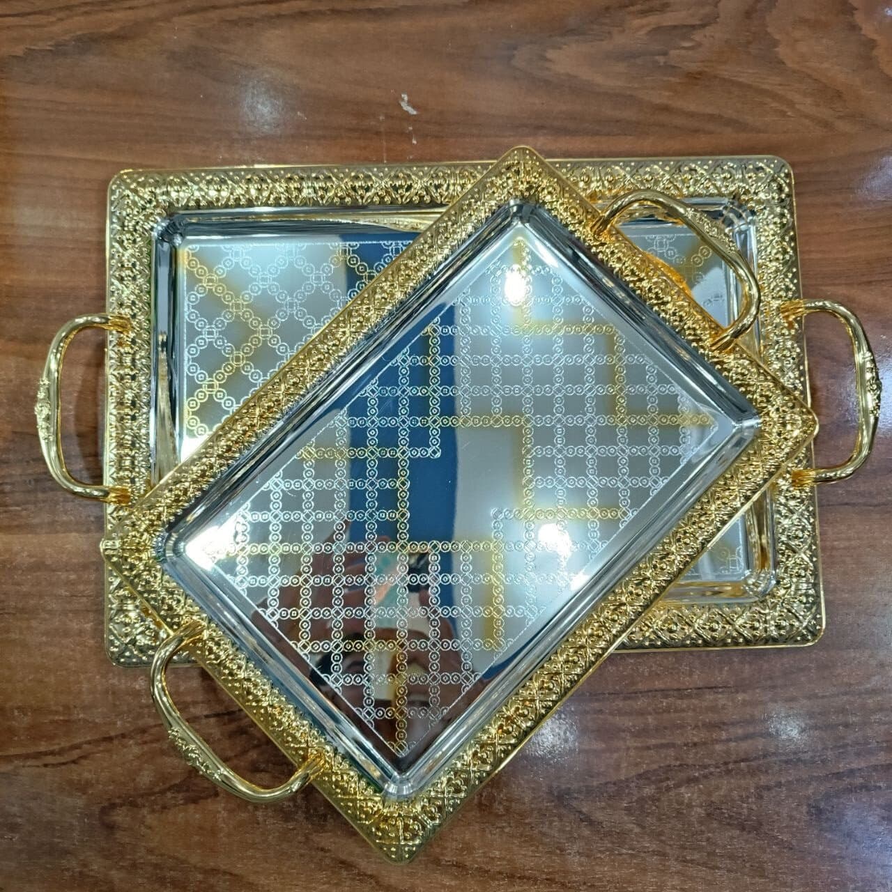 سینی تمام استیل وارداتی مستطیل فریم طلایی دسته رز thumbnail 2