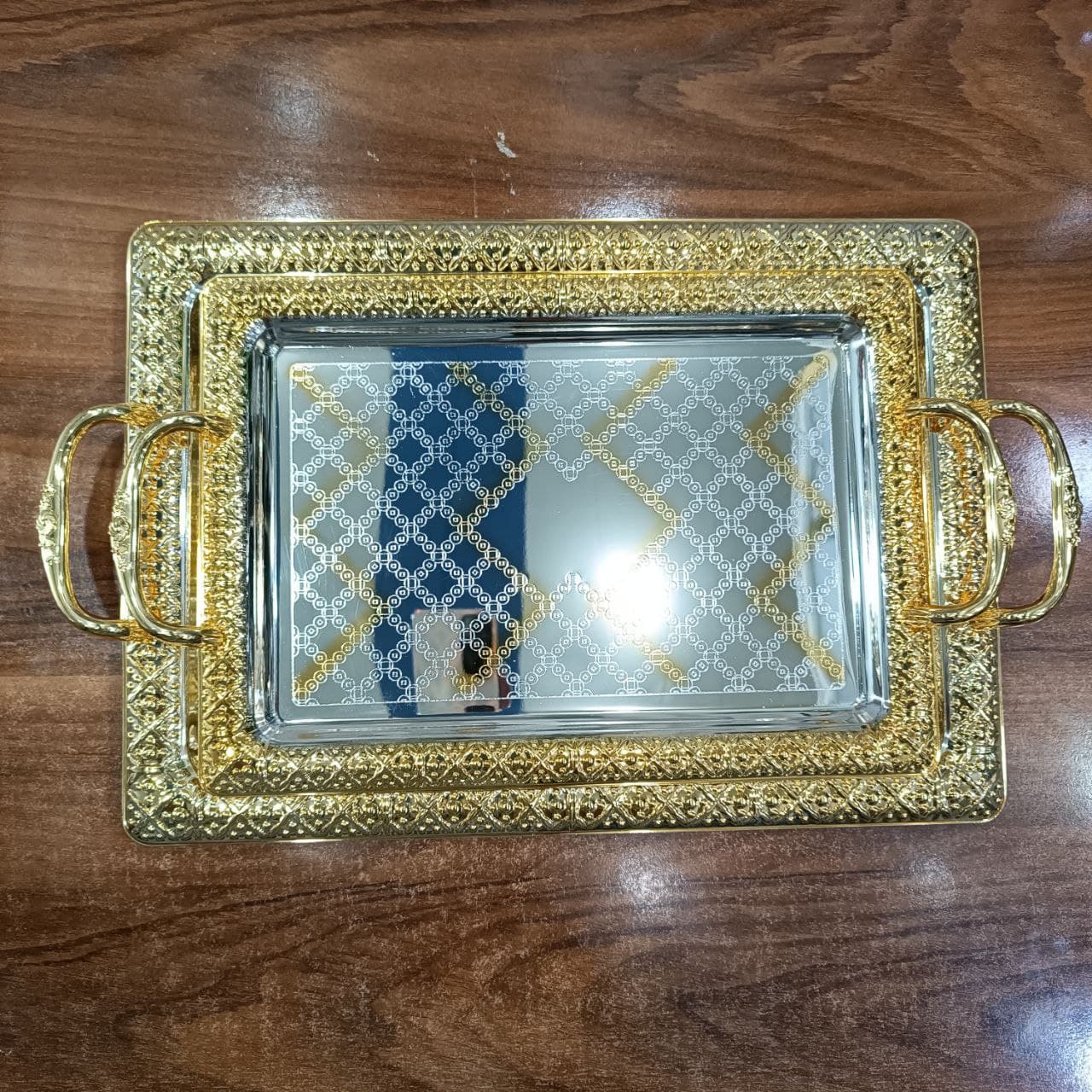 سینی تمام استیل وارداتی مستطیل فریم طلایی دسته رز